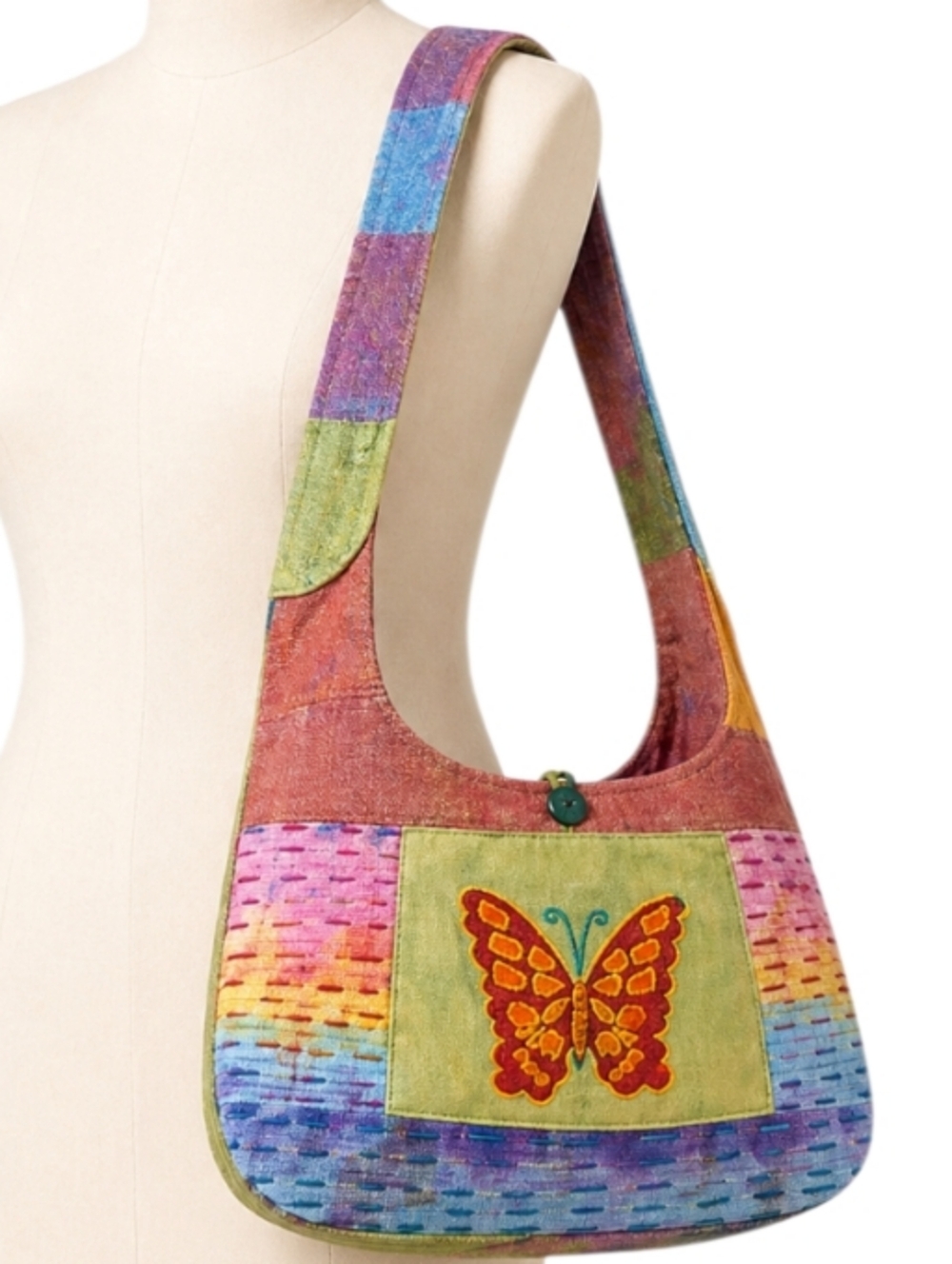 Kathmandu Imports Patchwork Butterfly Hobo Bag Cotton Razor Cut Boho Nepal Multi